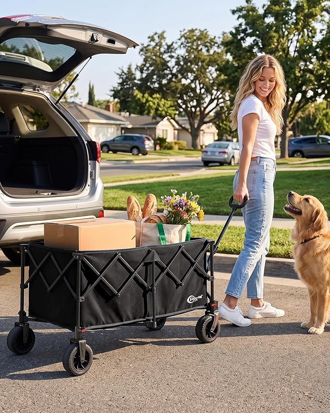 Portal Collapsible Wagon Cart, Foldable Wagon with Big Wheels, 300L Extra Large Wagon,18.7lbs Lightweight Utility Wagon, Heavy Duty Wagon for Beach, Camping, Sports, Garden Black