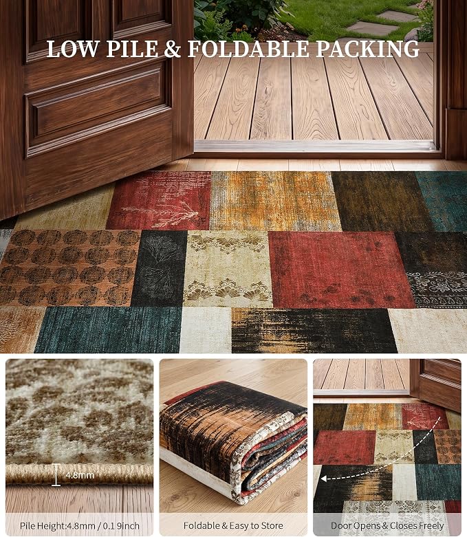 Mid Century Modern Cowboy Area Rug 6x9 for Living Room,Retro Patchwork Rug Non Slip,Red and Brown Floral Farmhouse Rugs Washable, Geometric Boho Area Rug for Kitchen,Dining Room,Bedroom