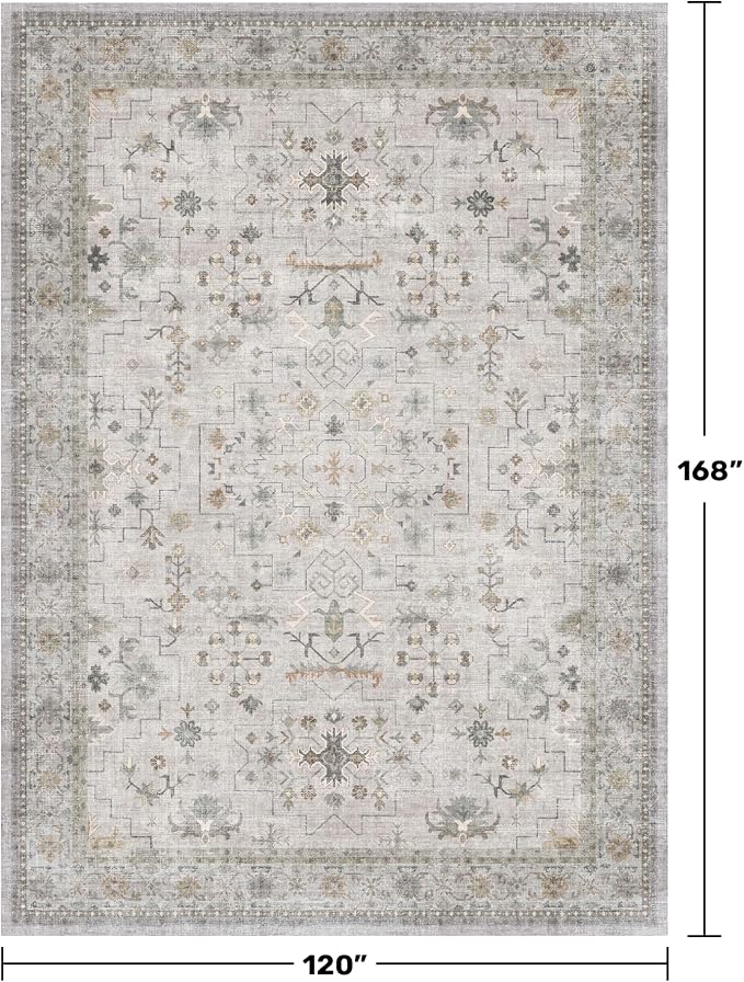 Large Light Gray & Sage 10x14 Living Room Rug - Vintage Floral Area Rug for Dining Room, Washable Low Pile Bedroom Carpet, Modern Eclectic Geometric Decor & Stain Resistance