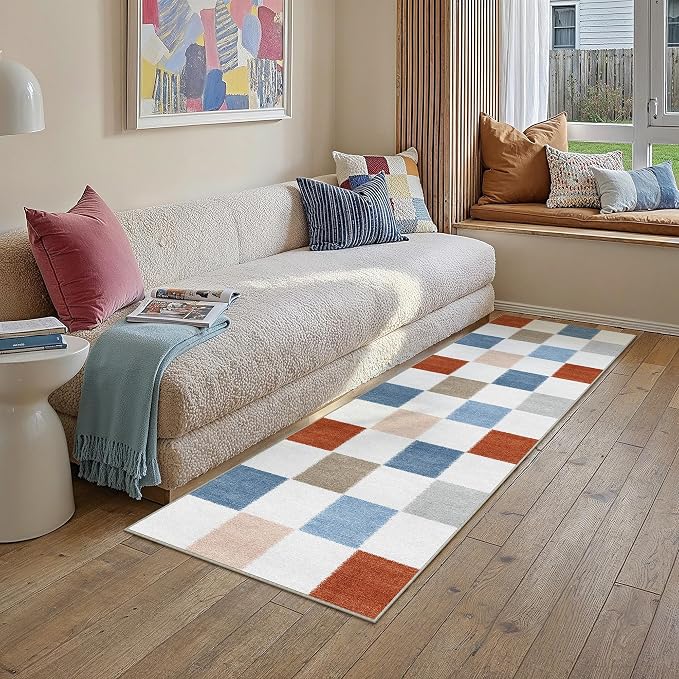 2x6 Washable Runner Rug Kitchen Colorful Non Slip Checkered Carpet | Soft, Low Pile, Modern, Pet Friendly, Indoor Rugs for Hallway, Entryway, Laundry Room, Bathroom