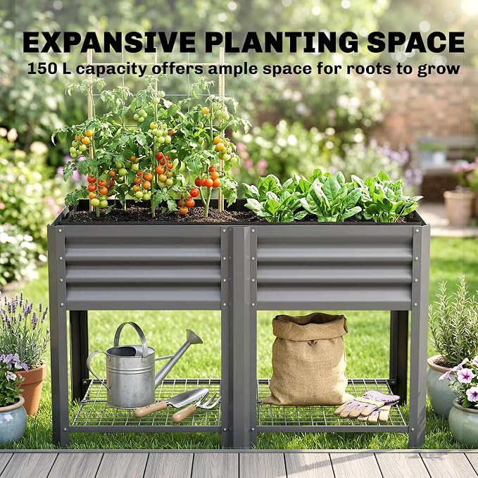 Outsunny Galvanized Steel Raised Garden Bed with Storage Shelf and Bed Liner, Elevated Planter Box with Legs for Flowers, Vegetables, and Herbs, for Outdoor Patio Yard, Glove Included, Dark Gray