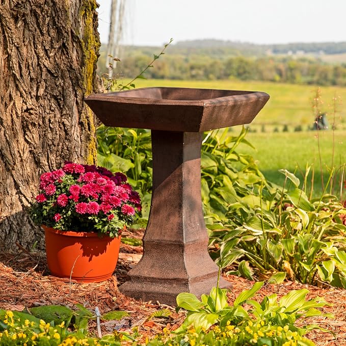 Sunnydaze 23” H Concrete Bird Bath for Outdoors - Simply Square Garden Bird Bath with Glass Fiber Reinforced Concrete Construction - Brown