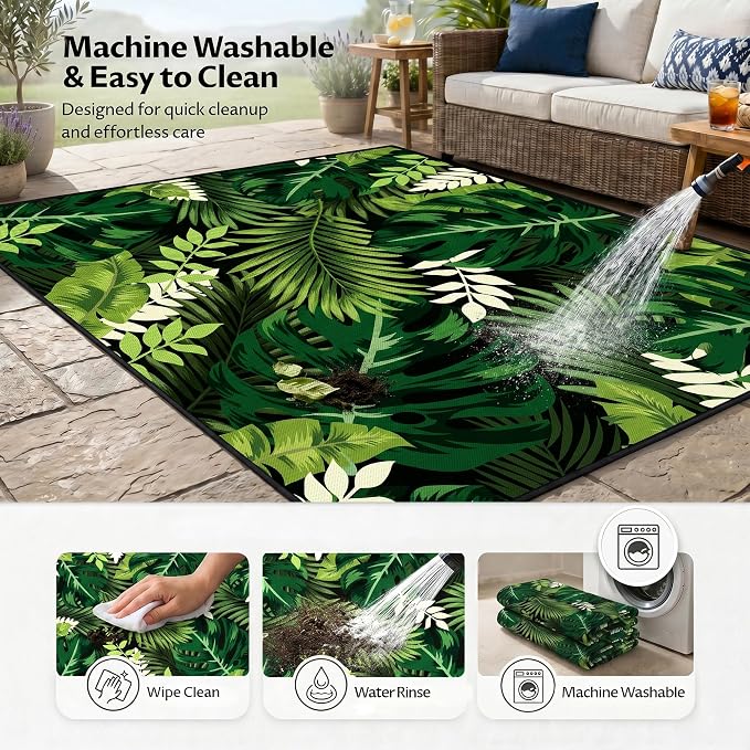 Arenarug 5x8 Monstera Tropical Outdoor Rug – Waterproof Non-Slip Machine Washable Patio Rug, UV & Stain Resistant Outdoor Carpet for Patio Deck Balcony Backyard, Dark Green