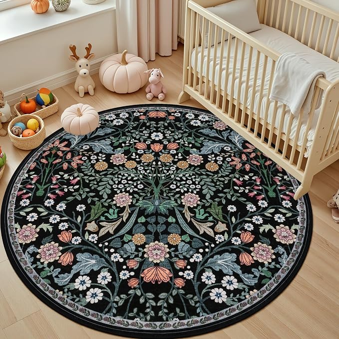 PLHXFR Round Area Rug Living Room: 6 ft Floral Washable Carpet Dark Black | For Bedroom Dining Room Farmhouse Nursery Hallway,Vintage Floral,Machine washable,Non Slip,Stain Resistant,Large Indoor