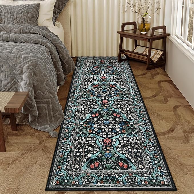GarveeHome Floral Hallway Runner Rug Non-Slip, 2.5x10 Washable Rugs Ultra-Thin Soft Rug for Hallways, Kitchen Mat Stain Resistant Carpet for Entryway Bathroom, Black
