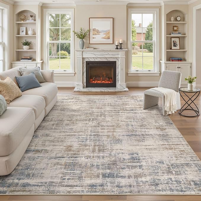 UERMEI 10x14 Area Rug for Living Room Washable Abstract Brown Carpet | Low Pile Non-Slip Soft Neutral Modern Kid Pet Friendly Large Rugs For Bedroom Dining Room Nursery Office Indoor Decor