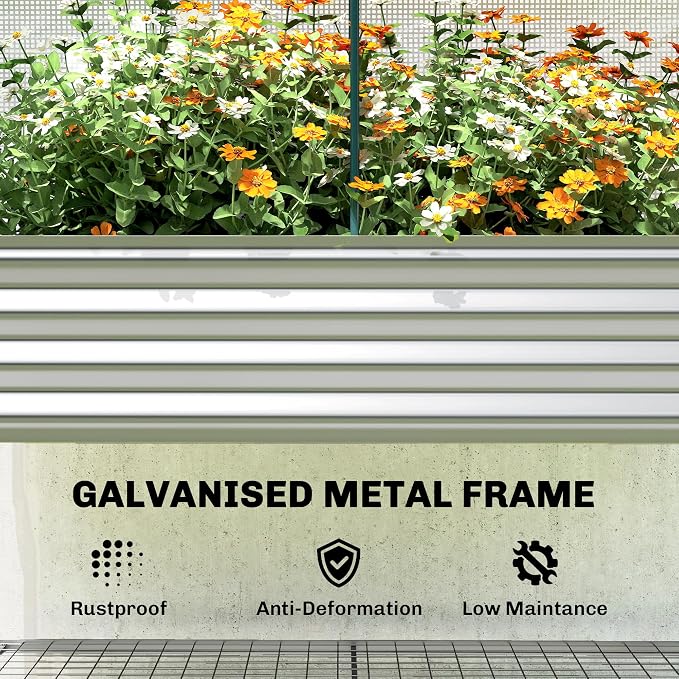 Outsunny Galvanised Raised Garden Bed with Greenhouse Cover, Metal Elevated Garden Bed with Legs, Bed Liner and Bottom Shelf, Outdoor Raised Planter Box for Vegetables, Herbs, Flowers, Silver