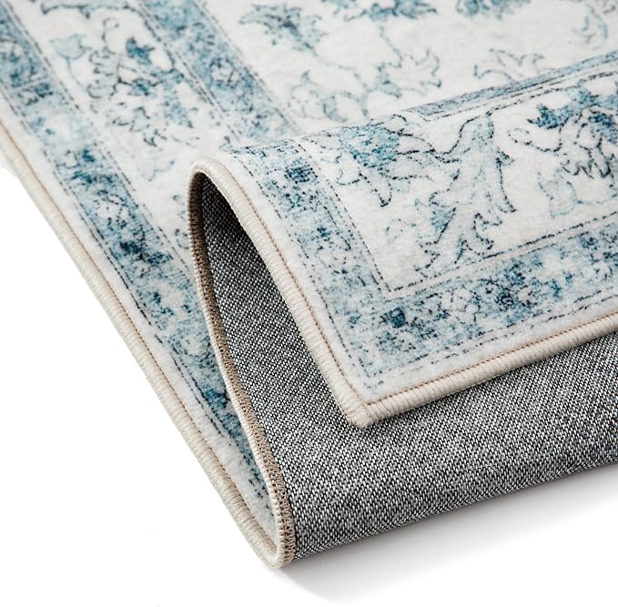 Blue 3x5 Washable Area Rug Entryway Vintage Oriental Doormat | Soft Low Pile, Non Slip, Stain Resistant, Floral Medallion, Neutral Retro Decor for Kitchen, Bathroom, Bedroom, Office