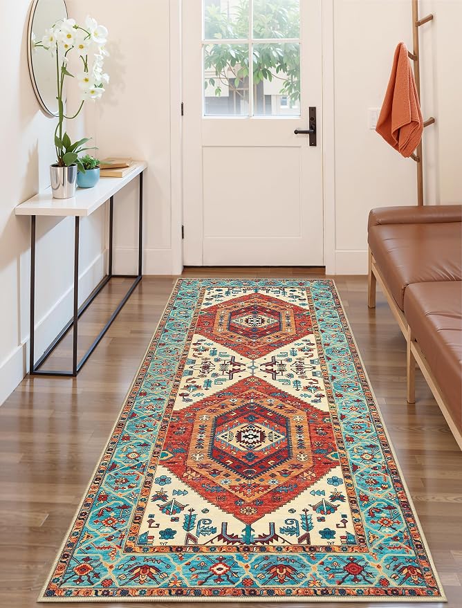 SERISSA 3x7 Washable Non Slip Boho Runner Rug for Hallway，Orange | Ultra Soft Vintage Oriental Carpet Low-Pile Distressed Tribal Floor Carpet for Kitchen Bedroom Entryway Laundry Room
