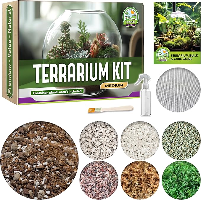 DUSPRO Terrarium Kit, Include Potting Soil, Pumice, Zeolite, Green Moss, Sphagnum Moss, Decorative Stone, Mesh, Tools, DIY Terrarium Kit for Kids, Air Plant, Succulent