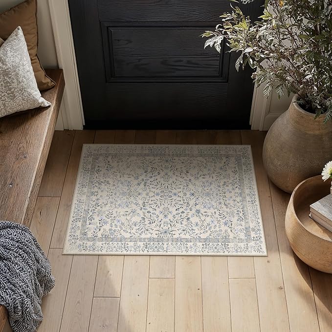 2x3 Blue Floral Small Entryway Rug Vintage Farmhouse Style | Washable, Non Slip, Soft Low Pile, Door Mat for Indoor Entrance, Kitchen, Bathroom, Botanical Decor