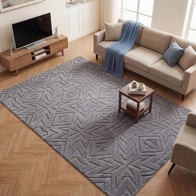Carvapet 6x9 Area Rug Dark Gray Geometric Soft Plush Washable Carpet | High-low pile texture, luxurious soft plush, skid-resistant backing for living room and dining room floor decor