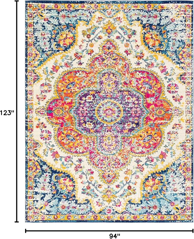 Livabliss Area Rugs - 8x10 Romaine Vintage Boho Fuchsia Mustard Blue Area Rug for Living Room Bedroom - Floral Medallion Stain Resistant Carpet for Kitchen, Nursery, Office (7'10" x 10'3")