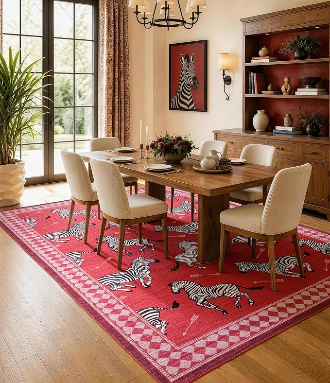 YIHOUSE Red Zebra Area Rugs 9×12, Washable Animal Print Rug with Checkered Border, Non-Slip Low Pile Mid-Century Modern Carpet for Living Room, Bedroom, Dining Room, Home Decor