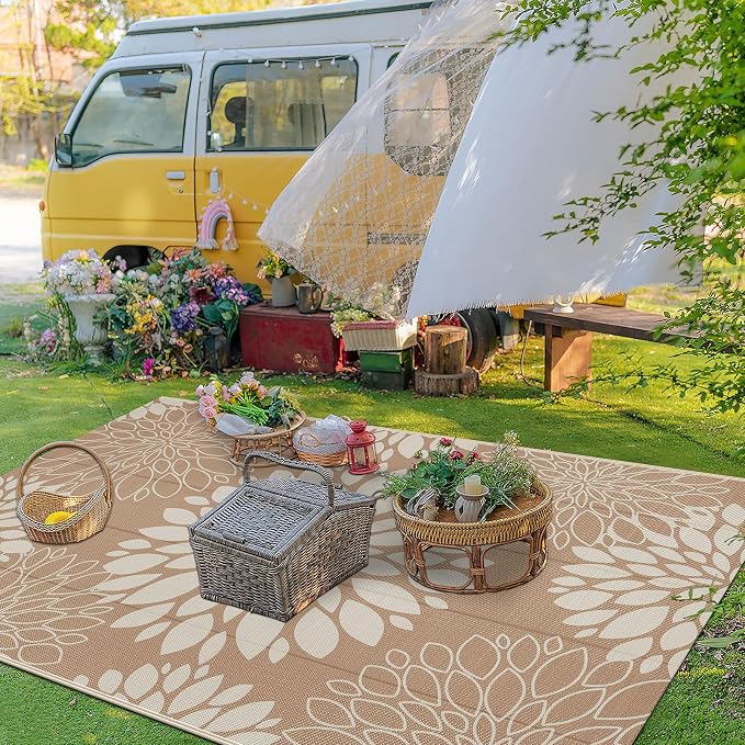 Ileading Waterproof Outdoor Rug 5x8, Reversible Plastic Straw Patio Rug, Portable Indoor Outdoor RV Camping Mat Carpet for Deck, Porch, Balcony, Backyard, Picnic, Floral Brown