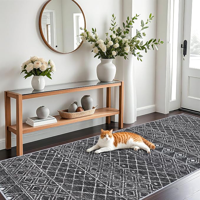 4x10 Black Moroccan Washable Runner:Non Slip Geometric Rug for Hallway | Pets Friendly Runner Low Pile Soft Indoor Floor Mat Front Door for Kitchen Bedroom Entryway Laundry