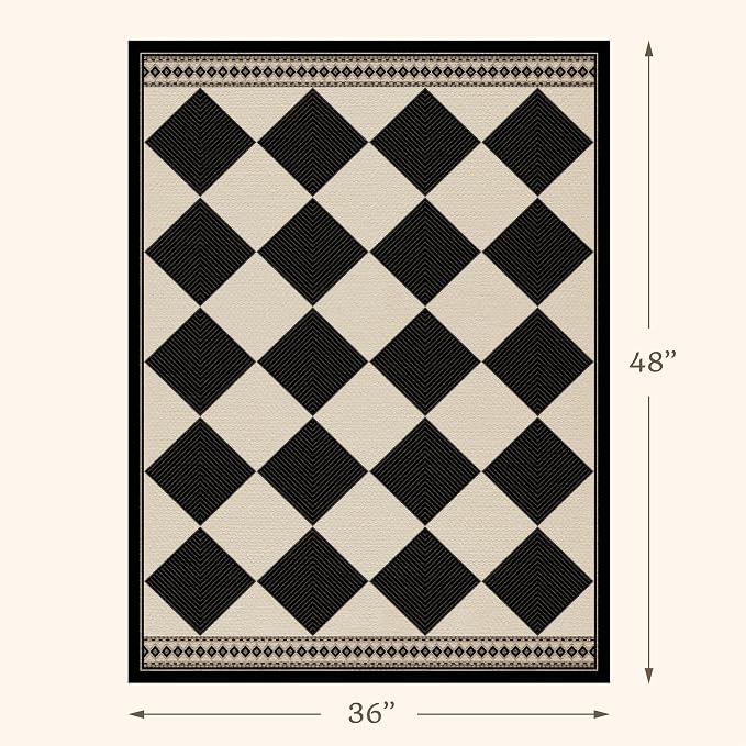 Black and White Geometric Outdoor Easy Jute Front Porch Rug 3x4, Washable Non-Slip Vintage Entryway Rug, Classic Traditional Low Pile Indoor Carpet for Kitchen, Bathroom, Laundry Room