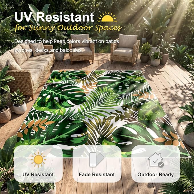 Arenarug 9x12 Monstera Tropical Outdoor Rug – Waterproof Non-Slip Machine Washable Patio Rug, UV & Stain Resistant Outdoor Carpet for Patio Deck Balcony Backyard, Green