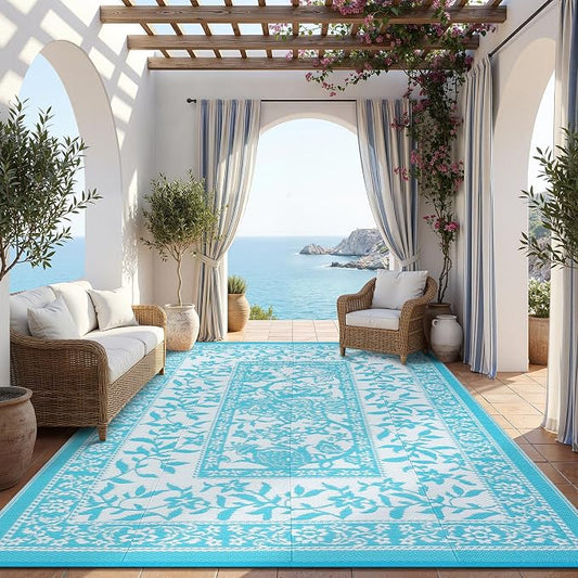 Garvee Outdoor Rug 8x10, Waterproof Reversible Foldable Plastic Straw Rug, Botanical cottagecore Outdoor Rugs Patio Camping RV Carpet for Deck Camper Porch Balcony Backyard Picnic Beach Blue