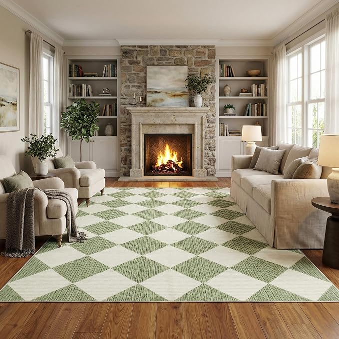 GarveeHome Sage Green Area Rugs 8x10 Living Room Checkered Washable Rug | Large Soft Non Slip Backing Floor Mat Carpet Indoor Thin Rug for Bedroom Dining Room Playroom Nursery Home Decor