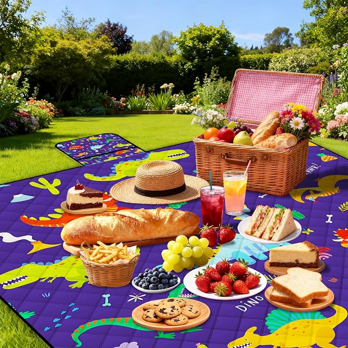 Extra Large Picnic Blanket Waterproof,80"x 80"Foldable Machine Washable Beach Blankets,Outdoor Blanket for 6-8 Adults,Picnic Mat Suitable for Indoor Crawling,Park Beach,Camping,Hiking,Travel（Dinosaur)