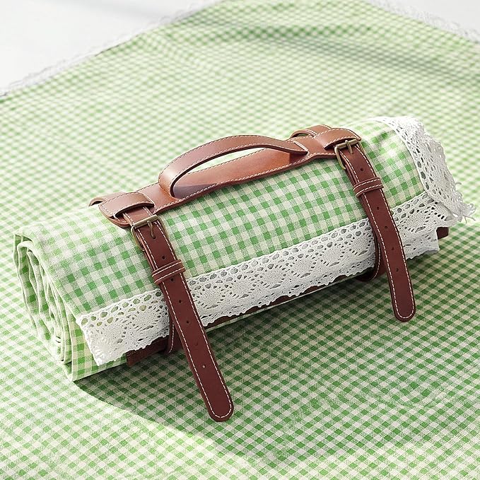 VitalCozy Waterproof Picnic Blankets 59 x 78in Outdoor Blanket Foldable 2 in 1 Double Layer Sandproof Beach Mat with Carry Strap for Camping Lawn Park Beach Grass (Green White)