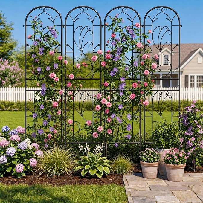 4 Pack 87x20in Garden Trellises, Sunflower Black Metal Coated Rustproof Trellis for Climbing Plants Outdoor, Roses, Vegetables, Vines, Cucumbers