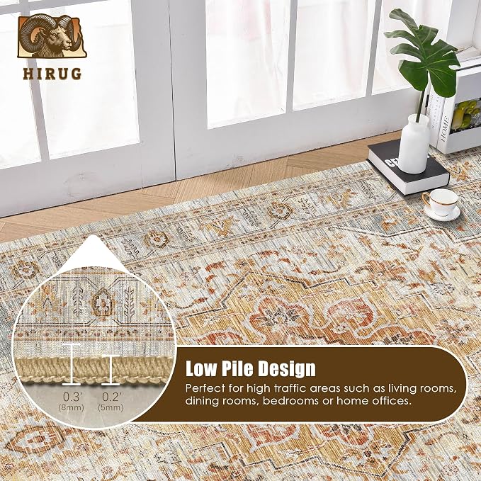 Washable Area Rug 4' x 6' Vintage Traditional Persian Mat - Foldable Distressed Non-Slip Machine Washable Carpet for Living Room Bedroom Kitchen Home Decor - Dove Gray and Coral