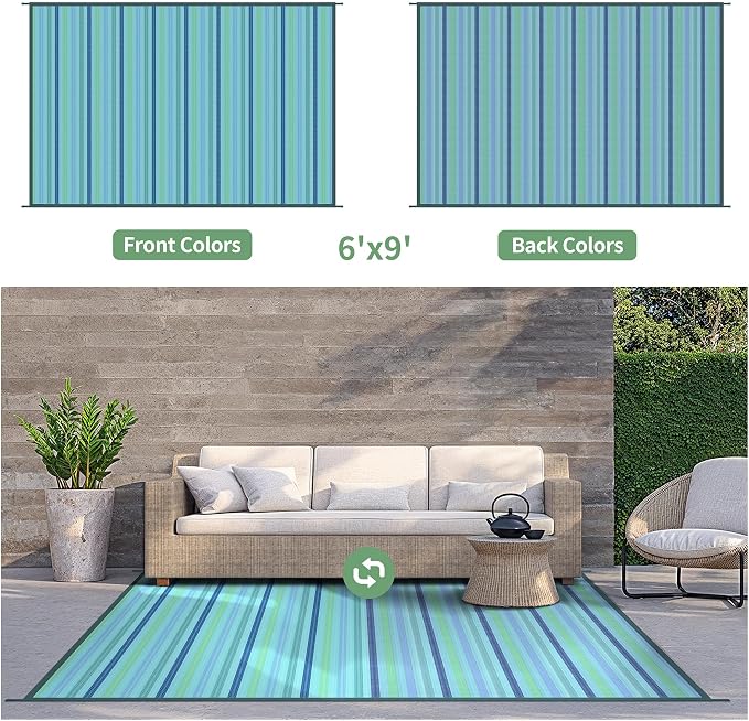 GENIMO Outdoor Rug for Patio Clearance, 6'x9' Reversible Plastic Straw Rugs, Lightweight Waterproof RV Camping Mat for Camper, Balcony, Deck, Backyard, Picnic, LightBlue