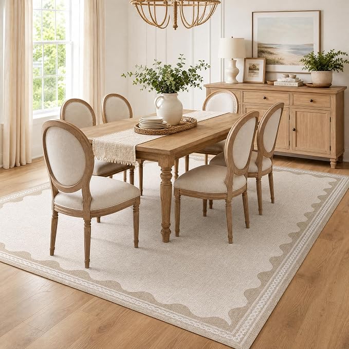 GarveeHome Scalloped Beige Washable Rugs 9x12 Rug for Living Room Non-Slip Solid Modern Minimalism 9 x 12 Rug Low-Pile Carpet for Bedroom Dining Nursery Mat with Rubber Back