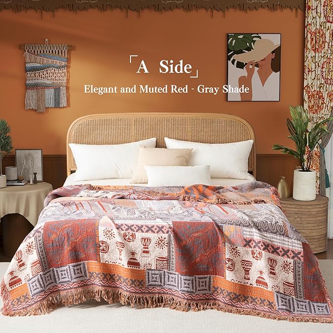 Phuryllic Boho Throw Blanket Twin Size, Soft Cozy Cotton Muslin Quilt Blanket for Bed Decor, Patchwork Block Couch Sofa Chair Cover, Vintage Farmhouse Cottage Tapestry Woven Blanket, Red&Orange
