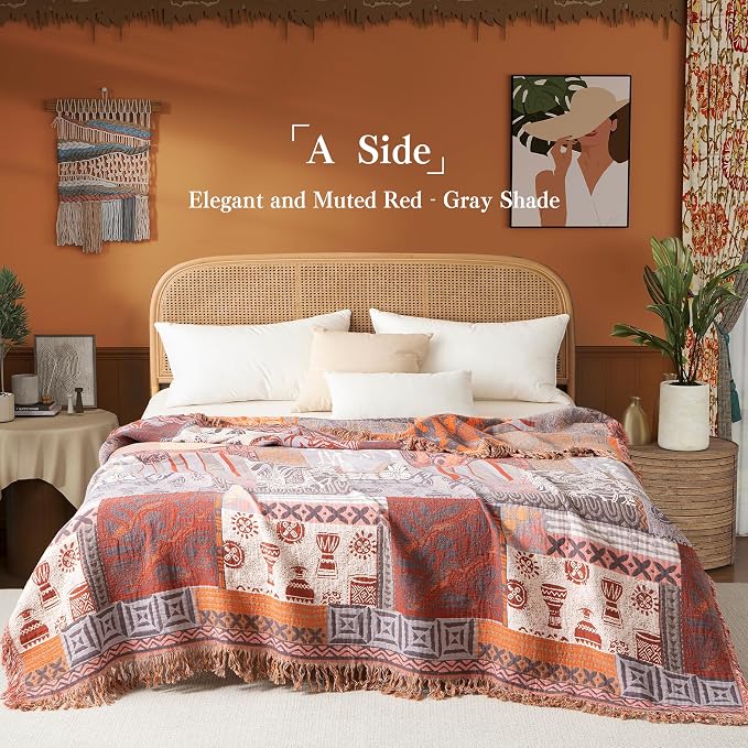 Phuryllic Boho Throw Blanket Full Size, Extra Large Soft Cozy Cotton Muslin Quilt Blanket for Bed Decor, Patchwork Block Couch Sofa Chair Cover, Vintage Farmhouse Cottage Woven Blanket, Red&Orange