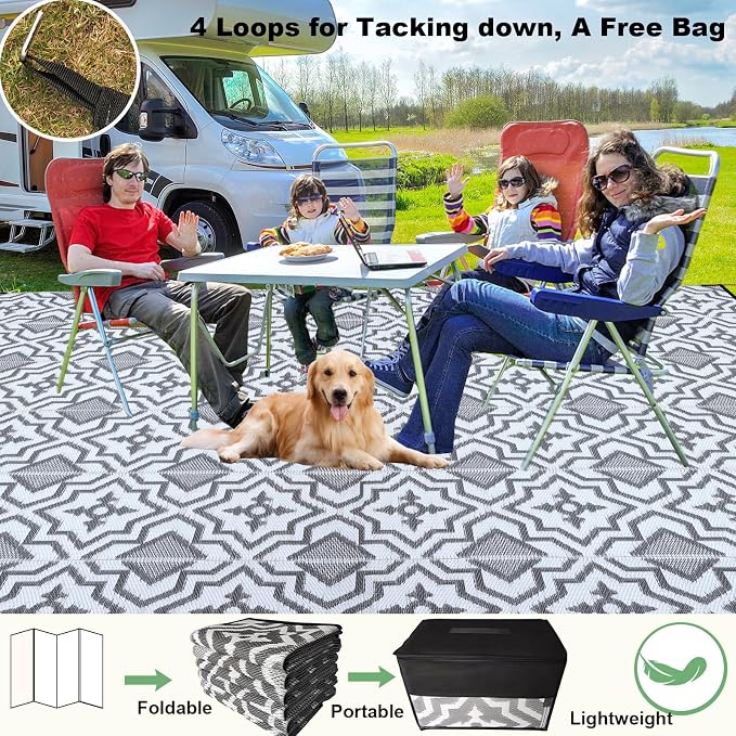 Alfolo Outdoor Rug 9x12 for Patios Clearance,Outdoor Plastic Straw Rug,Waterproof Camping Rugs for Outside Your Rv, Deck, Porch,Beach,Picnic,Pool Grey Recyclable,Easy Cleaning Outside Mats with a Bag