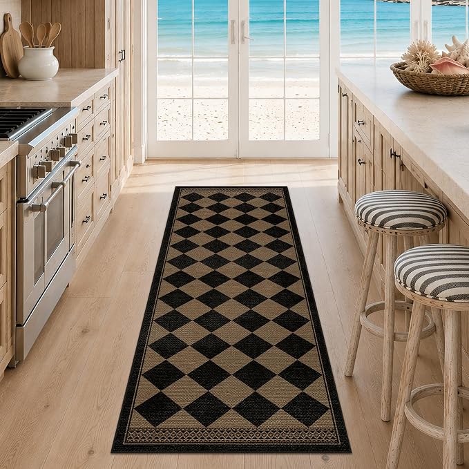 Black and White Easy Jute Checkered Runner Rug 2x6, Washable Kitchen Runner Rug Non Slip, Boho Diamond Indoor Outdoor Carpet for Entryway Hallway Bedroom, Stain Resistant Farmhouse Home Décor