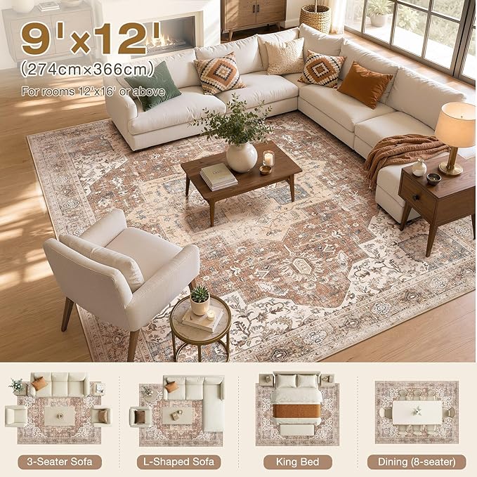 DTICON Vintage Washable 9x12 Area Rug Living Room Rugs, Brick Red | Boho Distressed, Pet & Kid Friendly, Non-Slip Backing, Soft Polyester, Low-pile Carpet for Living Room, Bedroom, Dining Room