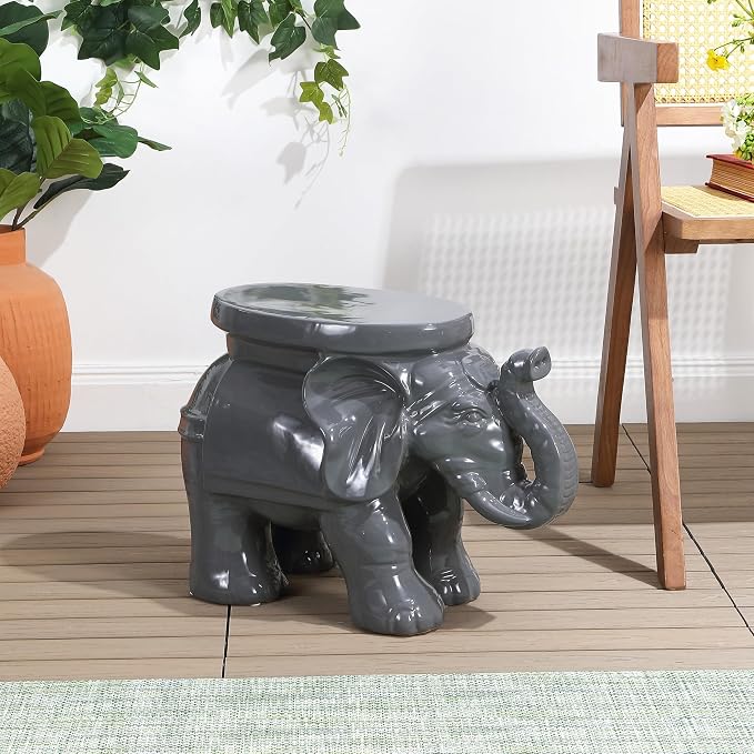 JONATHAN Y White Elephant 14.25" Glazed Ceramic Elephant Garden Stool, Weather-Resistant Indoor/Outdoor Patio Side Table and Plant Stand, Bohemian, Gray TBL1007E