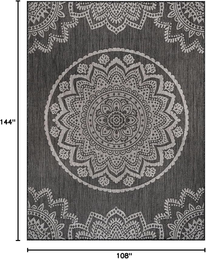 CAMILSON Outdoor Rug 9x12 Modern Area Rugs for Large Indoor and Outdoor Patios and Porches - Washable, Non-Shedding, Easy-to-Clean Outside Carpet (9 x 12, Medallion - Dark Grey/Light Grey)