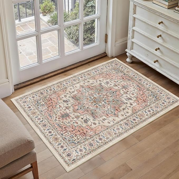 Area Rug 2x3 Entryway Rug Soft Washable Low Pile Vintage Doormat | Non Slip Low Pile Lightweight Carpets Indoor Faux Wool Small Rug Vintage Beige Pink for Entrance Kitchen Bedroom Living Room