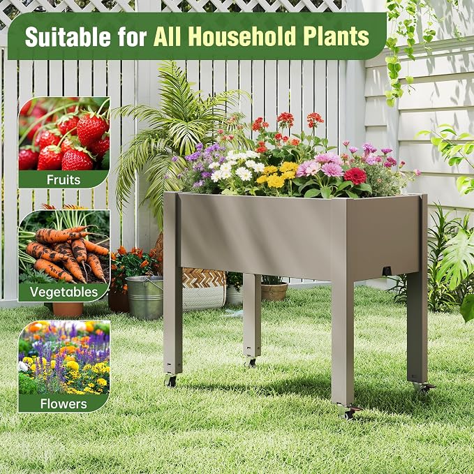 Elevated 26.3" Tall Raised Garden Bed with Wheels - Outdoor Mobile Resin Planter Box with Drainage Holes for Vegetables Flower Herbs, Weather Resistant, Gray (26.3" h)