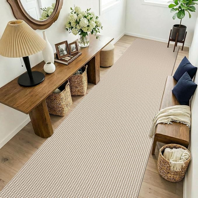KOZYFLY 3x14 Runners Rugs for Hallway, Long Washable Runner Rug, Non Slip Rubber Backed Kitchen Runner, Flatweave Entryway Rug, Floor Carpet for Entry, Aisle, Hall, Ivory/Camel/Brown