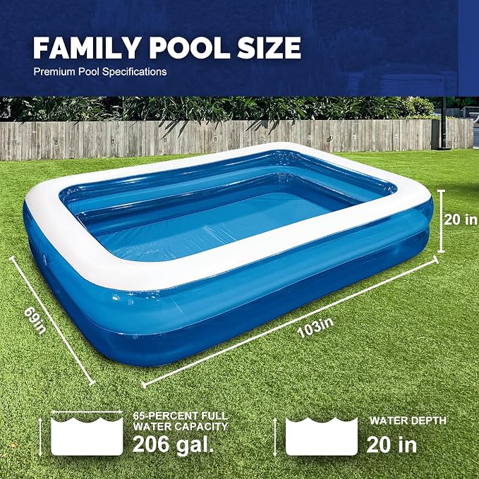 Inflatable Swimming Pool Outdoor Lawn Ground Rectangular Swimming Pool for Kids or Adults (Max 103x69x20±3 Inch)