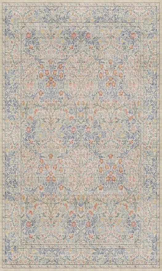3x5 Washable Area Rug for Bedroom Beside Bed Mat, Large Kitchen, Entryway Rug Indoor - Ultra Soft Vintage Floral Beige Blue Decor Non-Slip Low Pile Stain Resistance