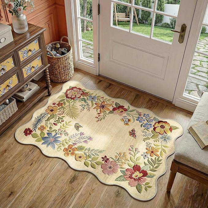 FMFUNCTEX 2x3 Washable Beige Floral Vintage Flower Scalloped Entryway Rug | Colorful Door Mat Traditional Non Slip Low Pile Boho Pattern Indoor Soft Small Thin Throw Rugs Entry Entrance Kitchen Laundry