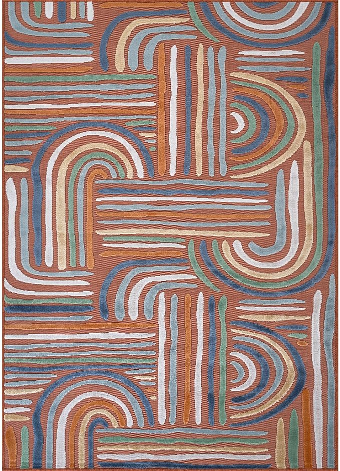 CAMILSON Indoor Outdoor Rug, Orange 8x10 Geometric Arch Striped Area Rugs for Patio and Home Areas, Easy-Cleaning Non-Shedding Living Room, Garden and Deck Washable Outside Carpet (8 x 10)