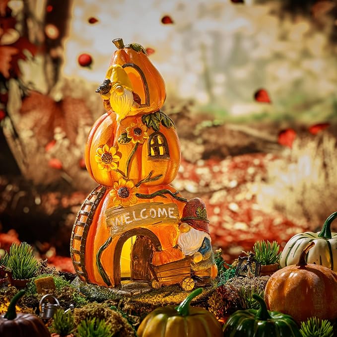 TERESA'S COLLECTIONS Fall Decor, Pumpkin Decor, Orange Pumpkin Fairy House and Gnomes Santa with Solar Lights, Waterproof Resin Outdoor Fall Decor, Fall Gifts Outdoor/Indoor, 6.7"