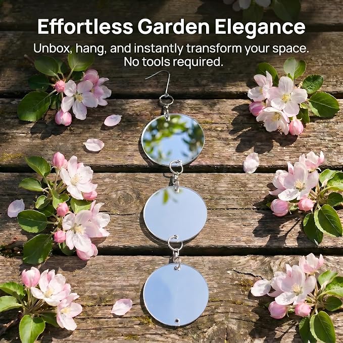 TJE Reflective Hanging Discs, Double-Sided Mirror Acrylic Decor with 360° Rotating Hook for Garden Yard Balcony Outdoor, 16.1 x 3.0 in