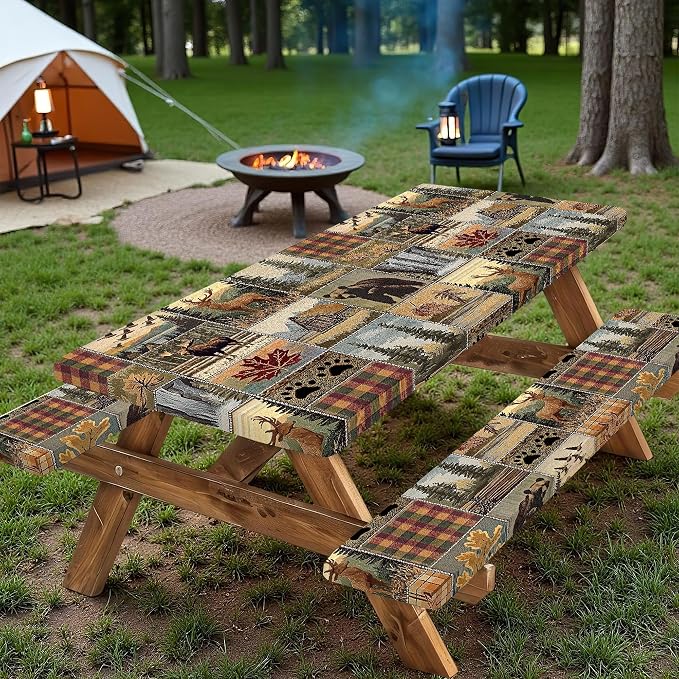 Picnic Table Cover with Bench Covers 6FT 3PCS, Camping Essentials,Rectangle Fitted Camping Tablecloth Waterproof with Elastic Edge for Indoor Outdoor Patio, 60in, Brown