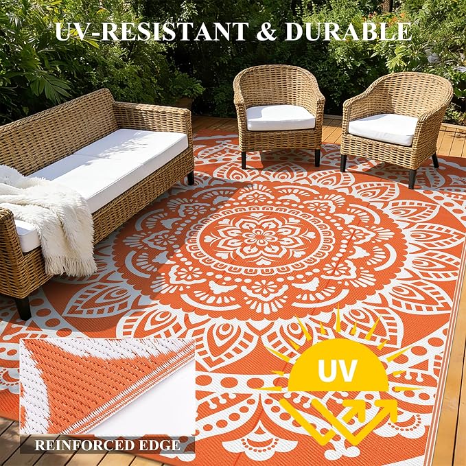 Bsmathom Waterproof Outdoor Rug 9x12ft Orange | Large Reversible, Boho Plastic Straw, Portable RV Mat, For Patio Deck Camping Beach Pool