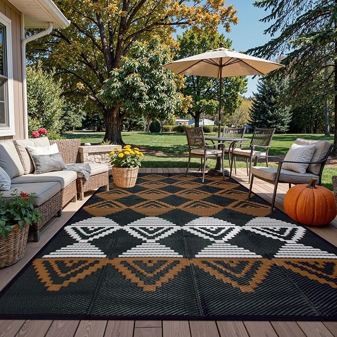 Beeiva Outdoor Rug 8x10 Waterproof for Patio, Reversible Outdoor Patio Rug for Deck, Backyard, RV Camping, Plastic Straw Rug Black Brown