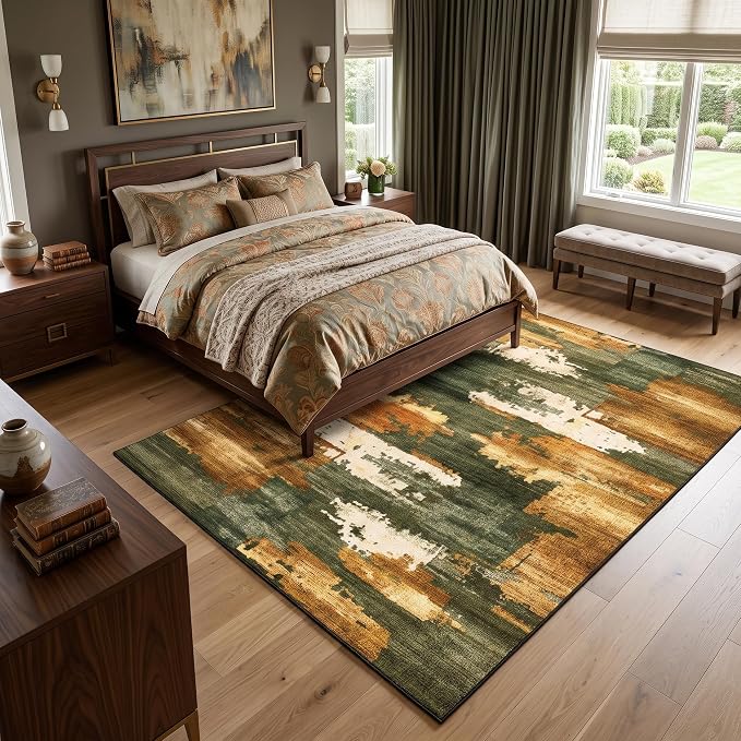 5x7 Green & Brown Abstract Brushstroke Area Rug for Living Room | Soft Low-Pile Machine-Washable Rug with Non-Slip Backing for Bedrooms, Dining Rooms and Home Offices, Designed for Daily Care